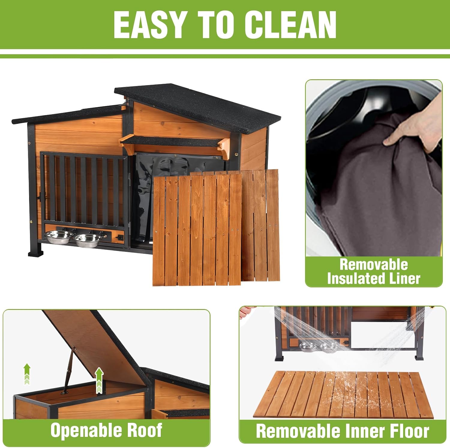 GUTINNEEN Large Heated Dog House Outdoor with Safe Heater and Thermal Liner, Insulated Dog Kennel Indoor Weatherproof Dog Shelter with Rotatable Spill-Proof Bowl for Large Dog Breeds