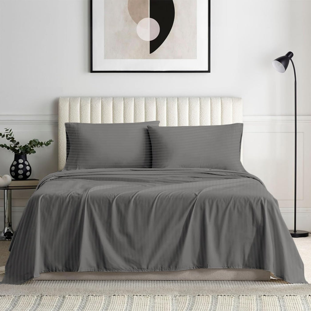 1000 Series- Extra Long Staple 100% Egyptian Cotton Sheet Set,Sateen Weave, Hotel Quality Soft Luxury Bedding, Queen Size 4 Piece Sheet Set Fit 15' Inch to 18' Deep Stripe Grey