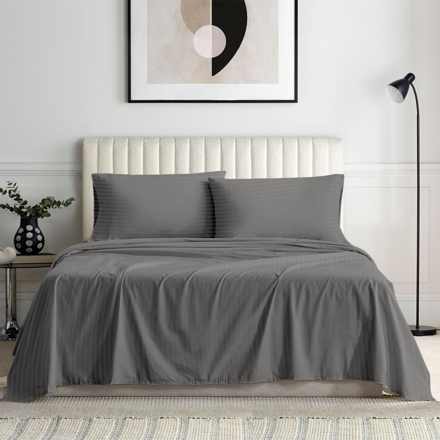 1000 Series- Extra Long Staple 100% Egyptian Cotton Sheet Set,Sateen Weave, Hotel Quality Soft Luxury Bedding, Queen Size 4 Piece Sheet Set Fit 15' Inch to 18' Deep Stripe Grey