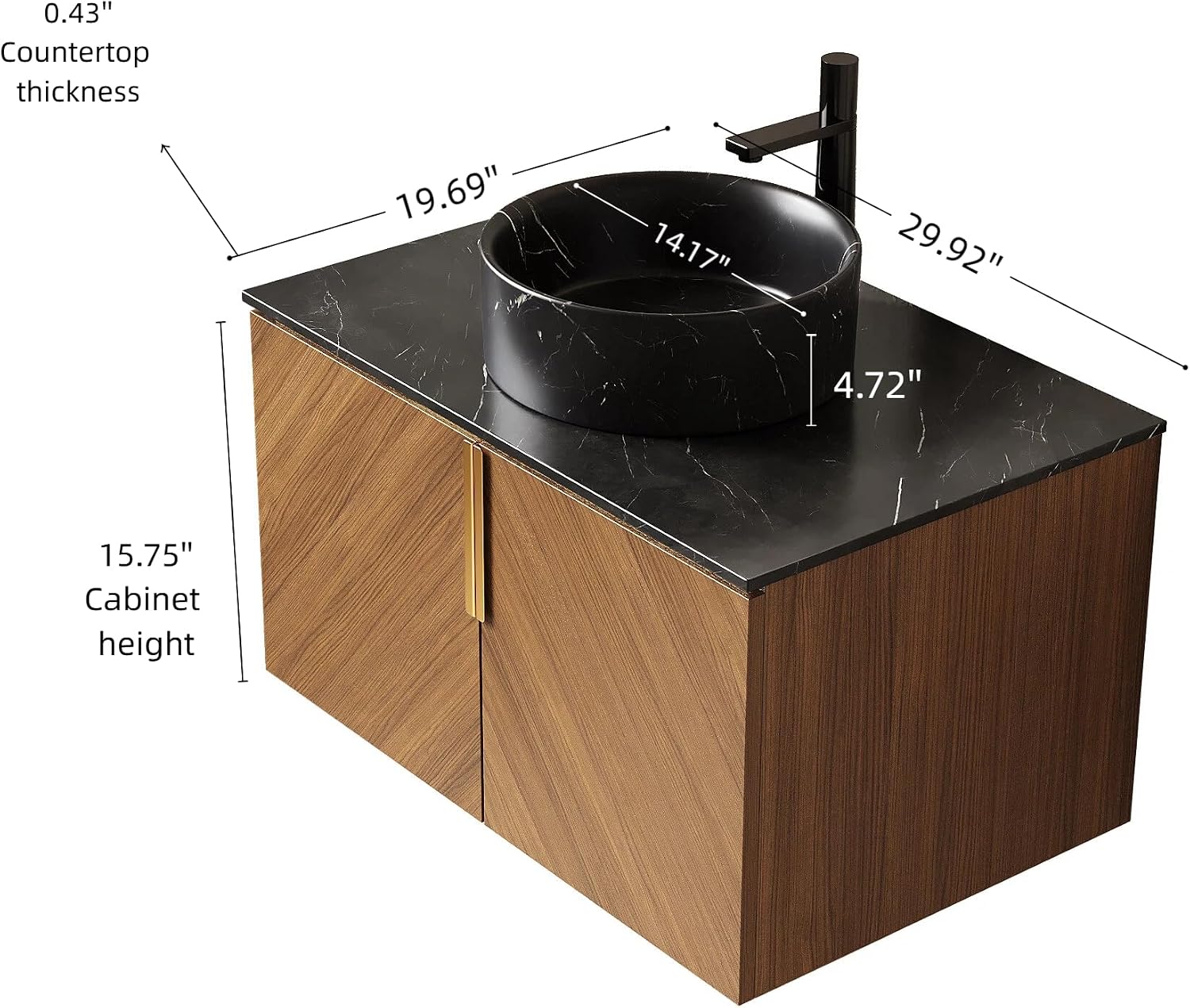 30' Floating Bathroom Vanity with Sink Combo, Modern Vanity with Vessel Sink, Wall-Mounted Bathroom Vanity Cabinet with Doors, Black Countertop and Black Round Ceramic Basin,Brown Oak