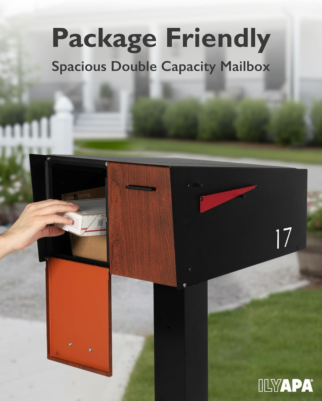 Ilyapa Black Double Mailbox, Post Mount Mailboxes for Outside- Two Sided Mail Box for 2 Houses with Standard Single Mounting, Door Numbering Kit, Outdoor All Weather with Magnetic Doors