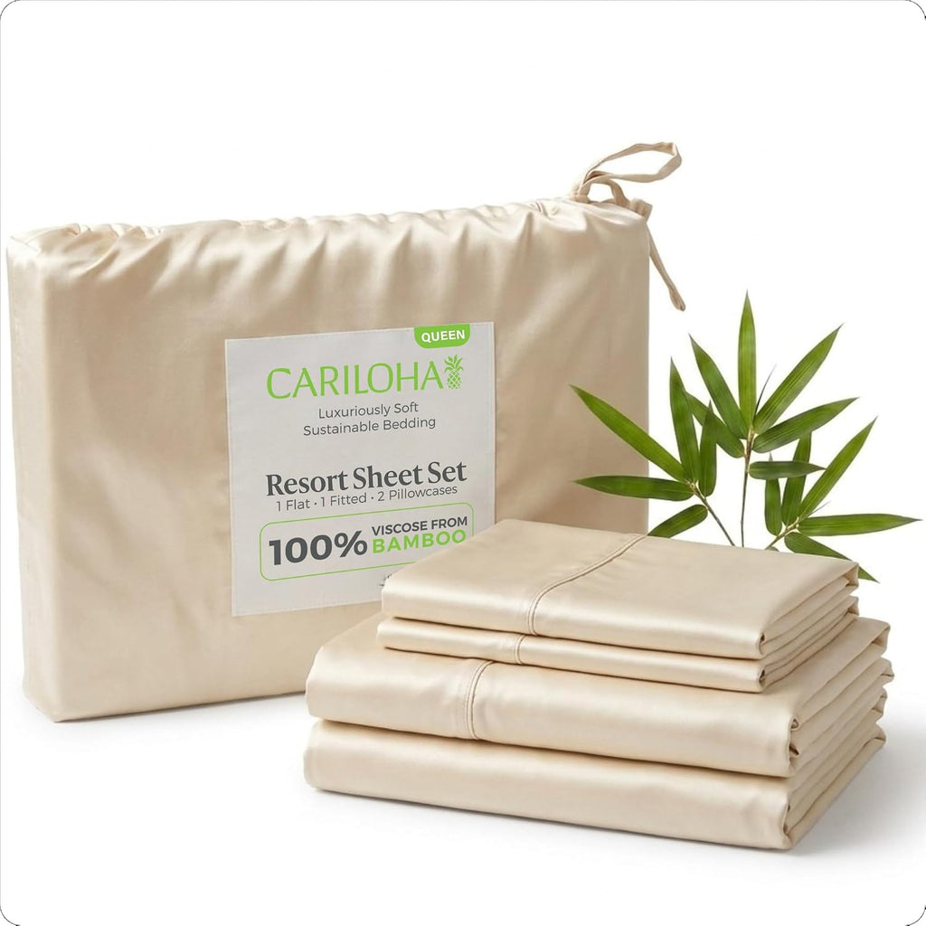 Cariloha Resort 100% Organic Bamboo Viscose Sheets - 4-Piece Queen Sheet Set - 18 in Extra Deep Pockets - Sateen Weave, Cooling, Hypoallergenic Luxury Sheets - Oeko-TEX Standard 100 - Coconut Milk