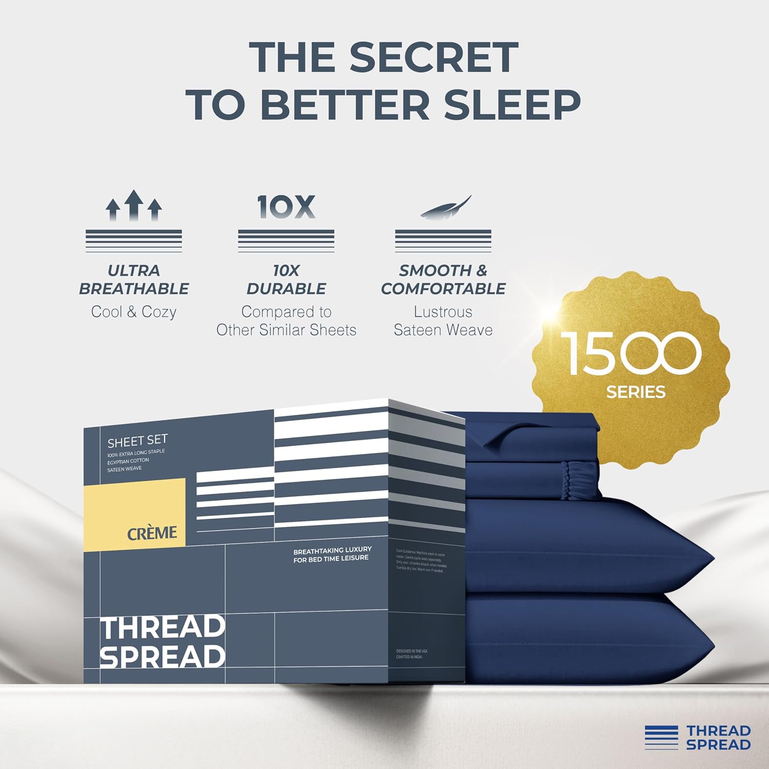 THREAD SPREAD 100% Egyptian Cotton Sheets Queen Size - Luxury 1500 Series Queen Sheet Set Egyptian Cotton (4 PC, Navy Blue), Silky Soft, Sateen Weave, Cooling & Breathable, 17' Deep Pocket Bed Set