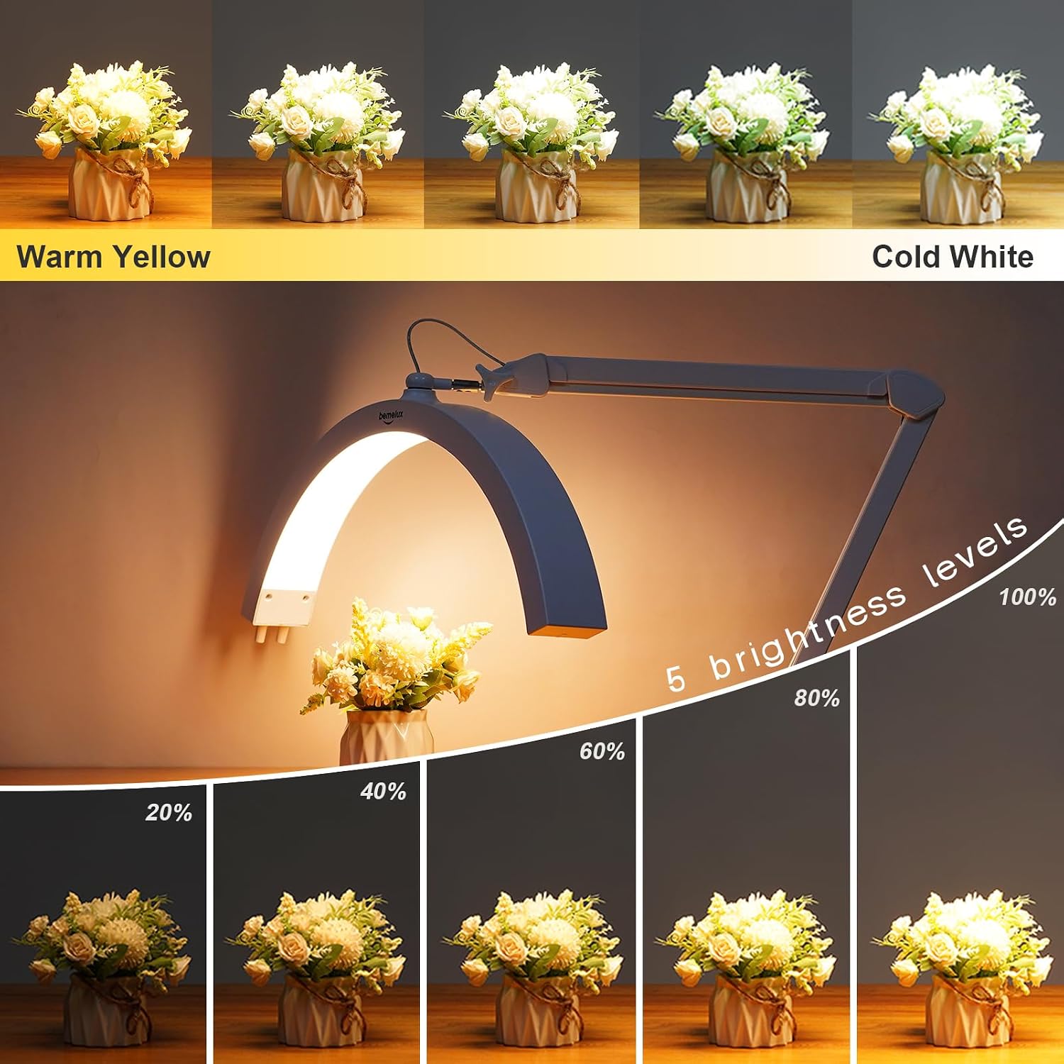 LED Half Moon Light with Desk Clamp, 30W Bright 288PCS LEDs, Metal Swing Arm for Beauty, Nail Art, Makeup, Facial Care, Tattoos, Sewing and Hand Craft DIY(White)