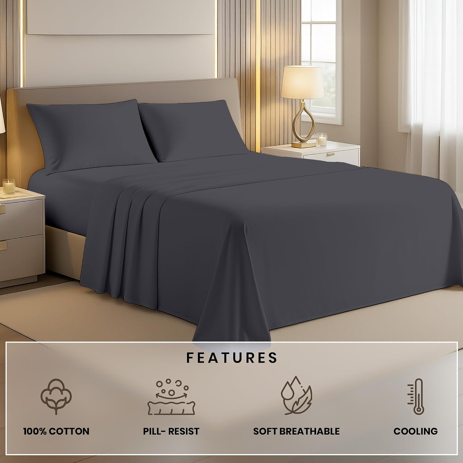 Kotton Culture 4 Pc Alaskan King Sheet Set - 100% Egyptian Cotton Premium Hotel Luxury Bedding - Sateen Weave Soft Cooling Durable Bedsheet - 16' Deep Pocket Sheets - Dark Grey