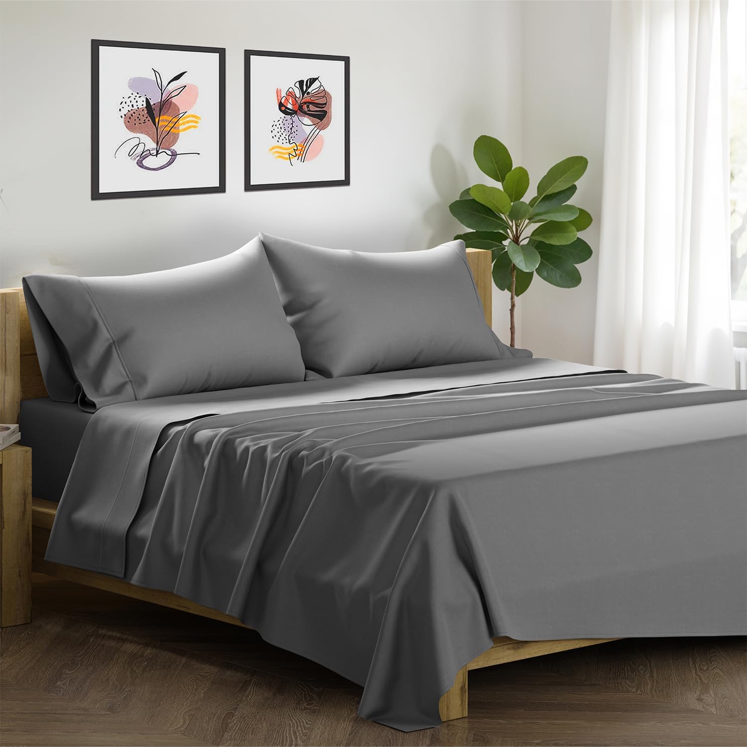 XOOX Linen 100% Egyptian Cotton Sheets Queen Size Bed Set - Luxury 1500 High Thread Count Egyptian Cotton Queen Sheet Set (4 PC, Dark Grey), 17' Deep Pocket, Silky Soft, Cooling, Sateen Weave Bedding