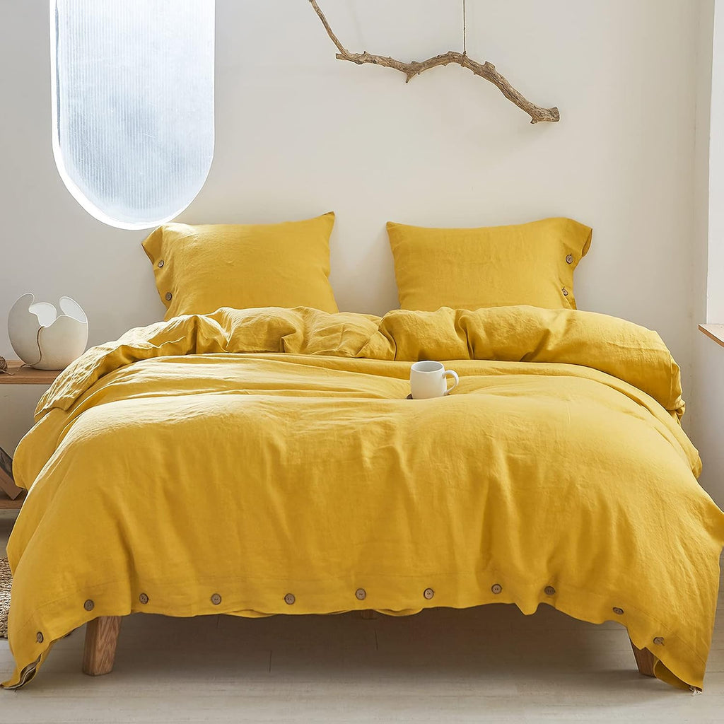 Simple&Opulence 100% Linen Duvet Cover Set 3pcs with Coconut Button Closure Natural French Washed Flax Solid Color Soft Breathable Farmhouse Bedding - Mustard Yellow, Queen Size