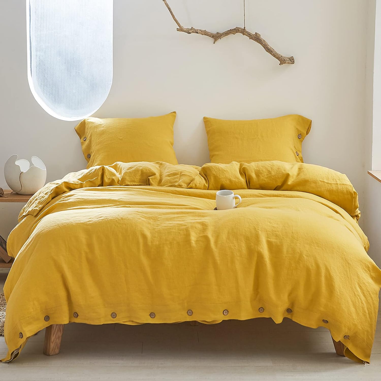 Simple&Opulence 100% Linen Duvet Cover Set 3pcs with Coconut Button Closure Natural French Washed Flax Solid Color Soft Breathable Farmhouse Bedding - Mustard Yellow, Queen Size