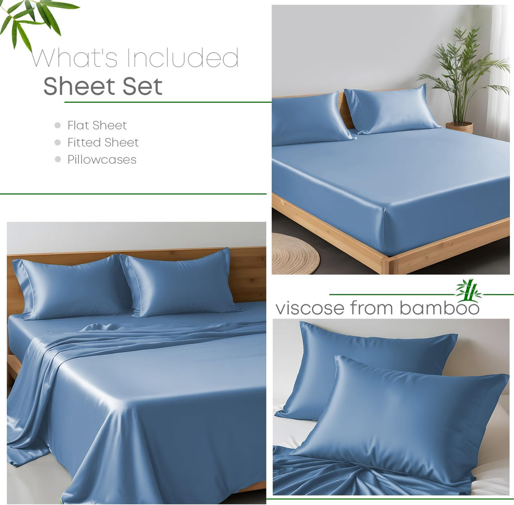 Linenwalas Premium 100% Viscose Derived from Bamboo Split King Sheet Set - Ultra Soft, Breathable & Cooling, Ideal for Hot Sleepers, 16' Deep Pocket, Hotel Luxury Bedding (Bahamas Blue)
