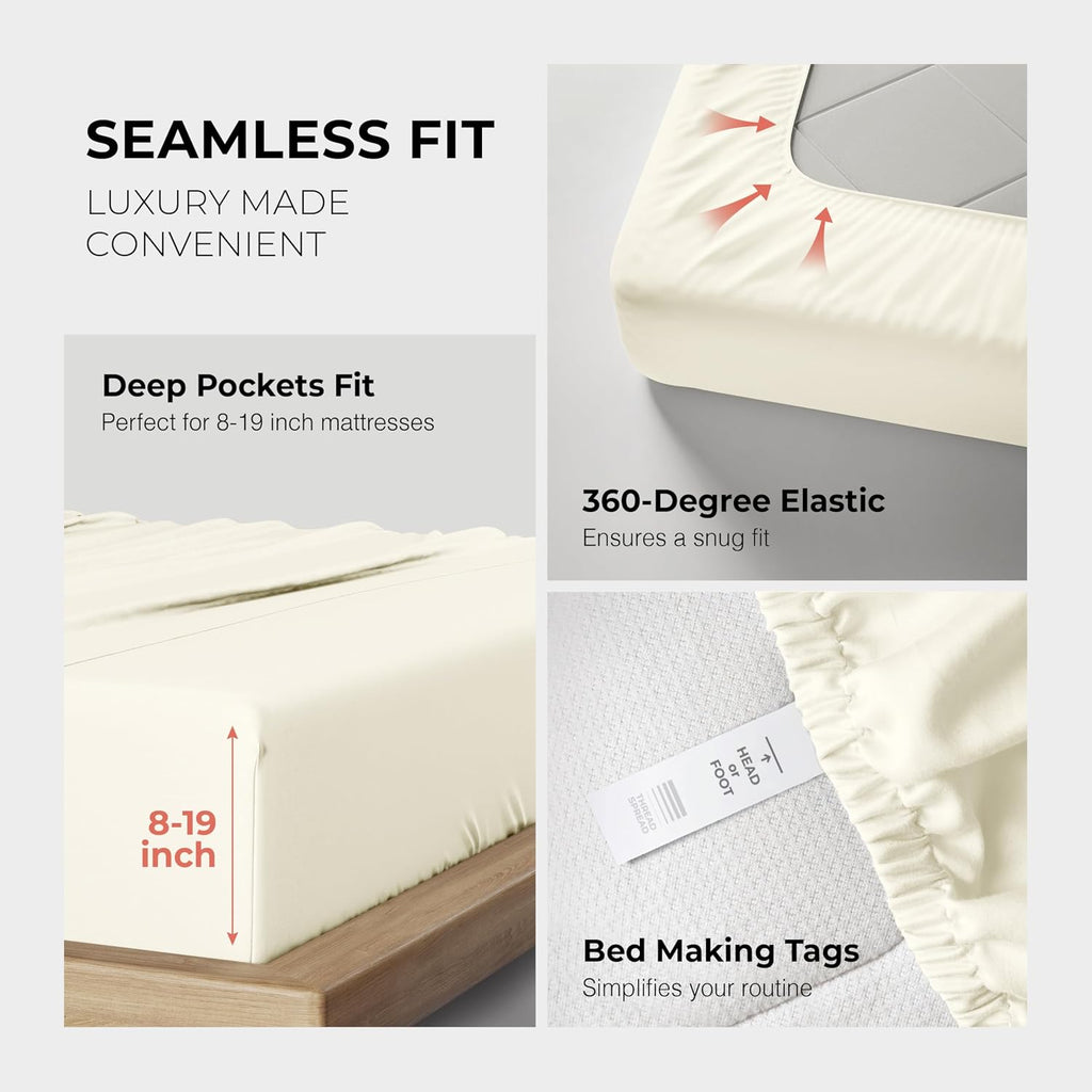 THREAD SPREAD 100% Egyptian Cotton Queen Sheets Set - 1200 Series Plush Collection Luxury Egyptian Cotton Sheets Queen Size Deep Pocket (4 PC, Ivory), Soft, Cooling, Sateen Weave Sheet Set