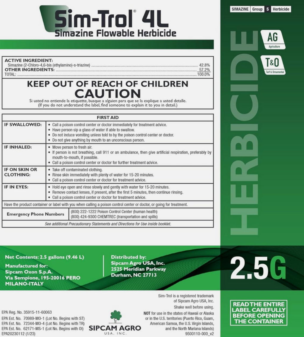 Sim-Trol 4L Simazine Flowable Pre-Emergent Herbicide for Control of Annual Grasses and Broadleaf Weeds.