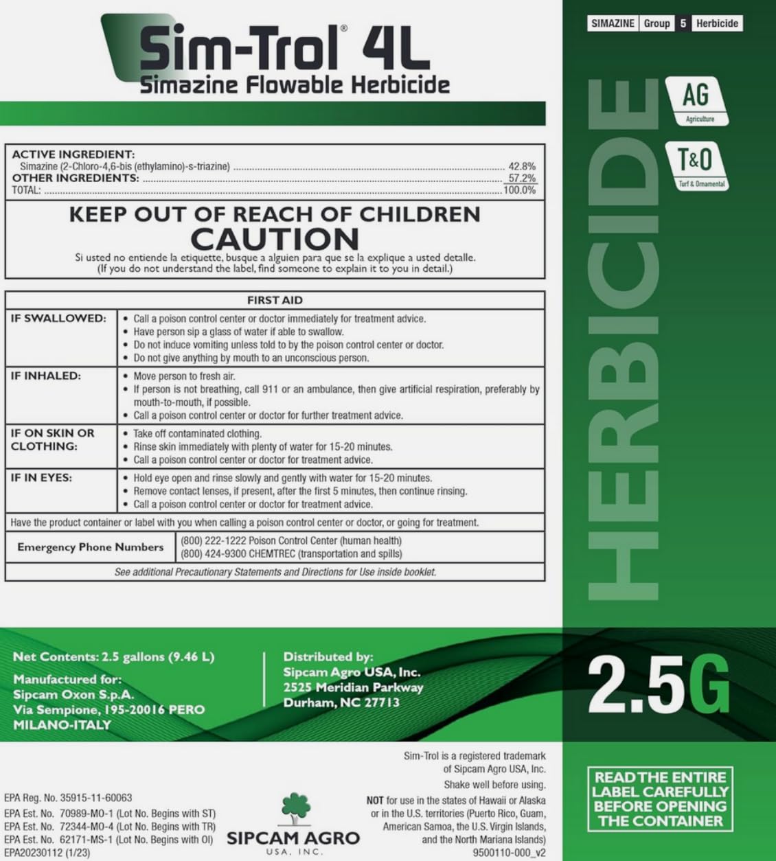 Sim-Trol 4L Simazine Flowable Pre-Emergent Herbicide for Control of Annual Grasses and Broadleaf Weeds.