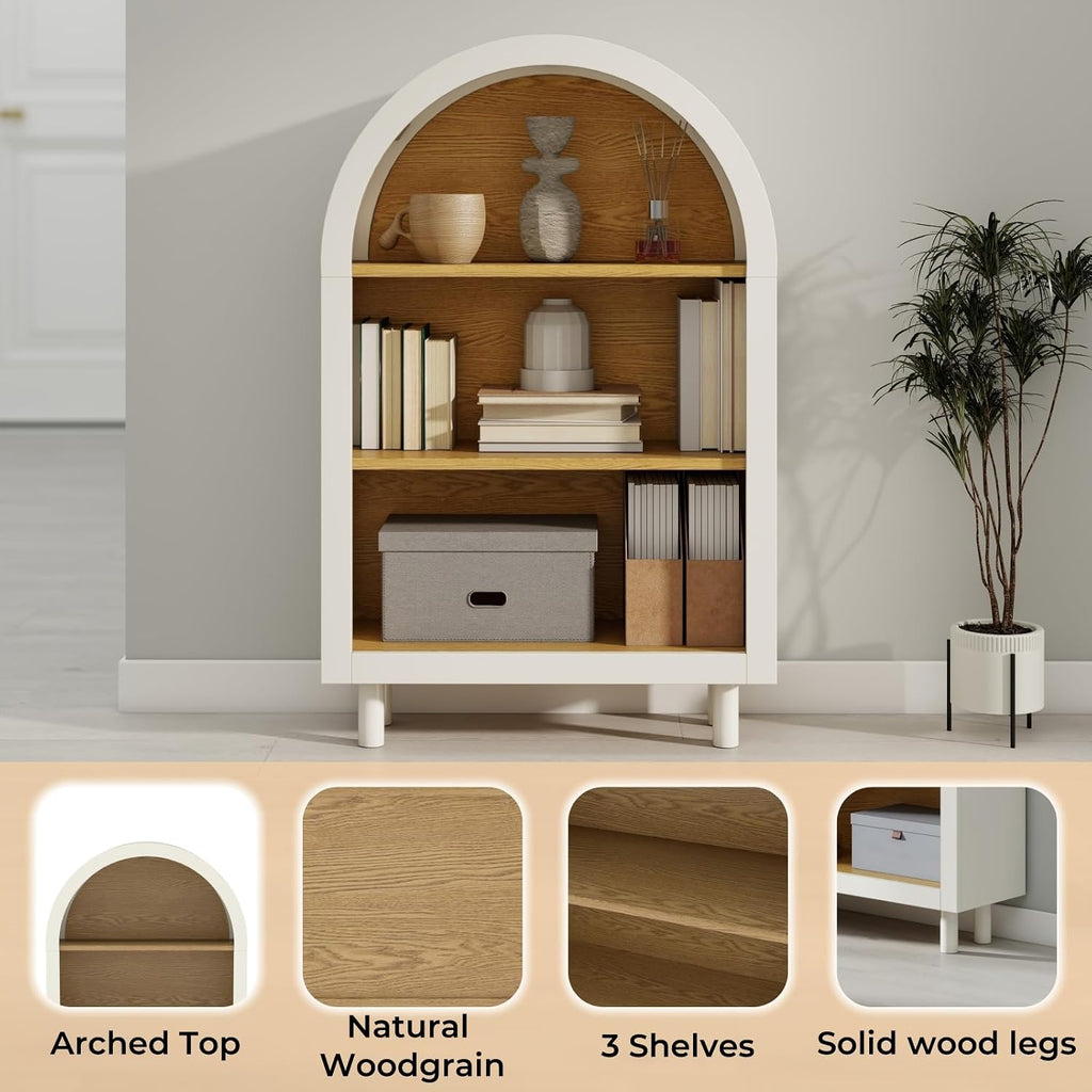 QMIT Arched Small Wooden Bookshelf, White 3 Tier Storage Bookcase Cabinet with Open Display Shelves for Living Room, Bedroom, Entryway