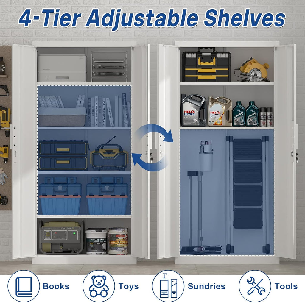 72' H Metal Garage Storage Cabinet with 2 Doors and 4 Shelves, White Steel Locking File Cabinet, Metal Storage Cabinets for Office, Home, Garage, Gym, School