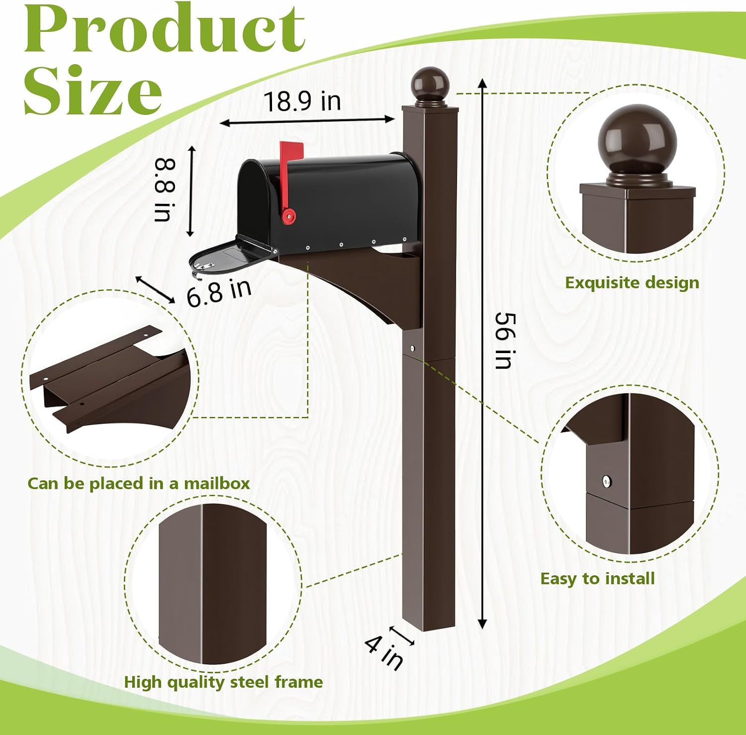Colingmill Brown,Black 1 Set Iron Mailbox Posts with Mailbox for Outside Ground Mounting Post 56 Inch Tall Heavy Duty Architectural Stand with 8 Screws for Outdoor Use