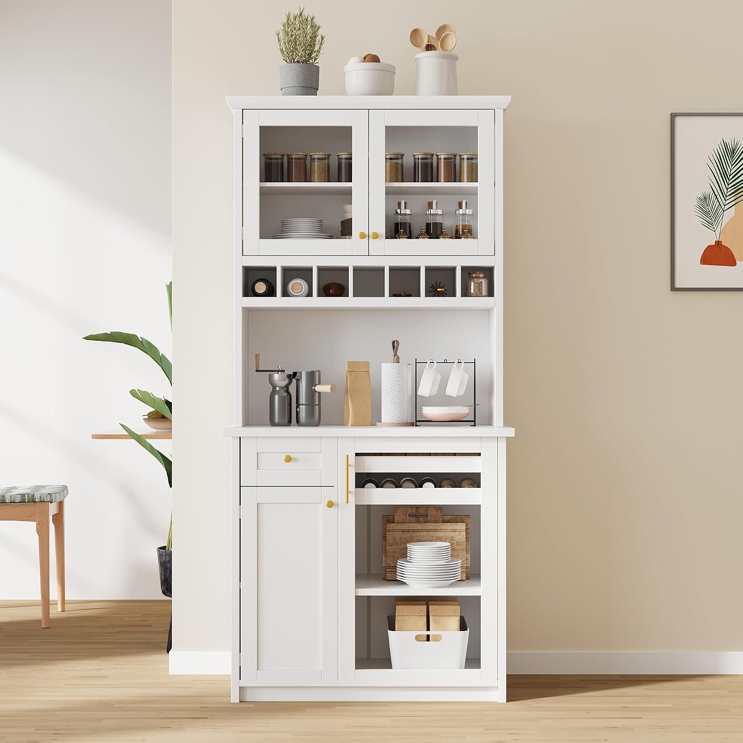 Modern 74.8 inch Tall Kitchen Pantry, Freestanding Buffet with Hutch, Kitchen Pantry Storage Cabinet with Wine Rack and Adjustable Shelves for Dining Room (White//1)