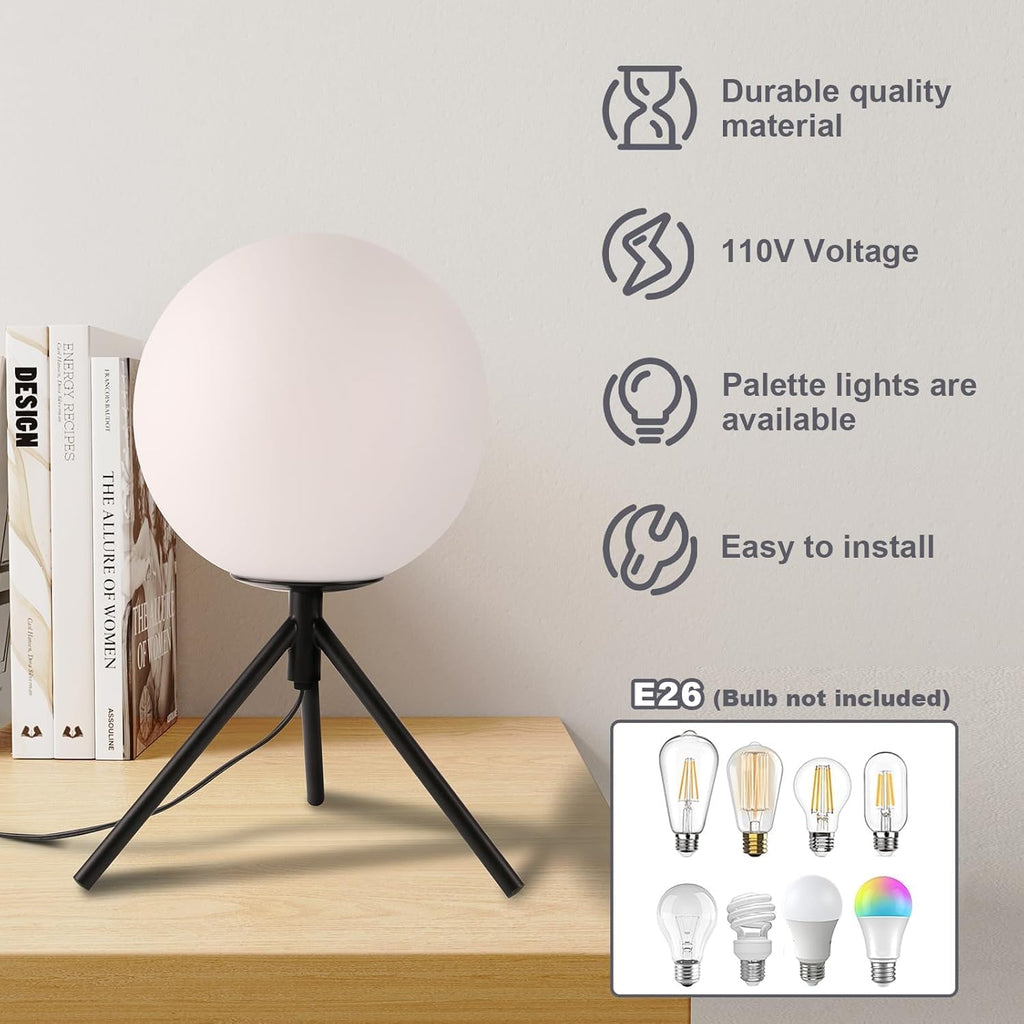 Black Globe Table Lamp Set of 2, Modern Minimalist Table Lamp with Milky White Shade, 8' Glass Ball Bedside Lamp Orb Nightstand Lamp Small Desk Lamps for Bedroom Living Room Home Office Study