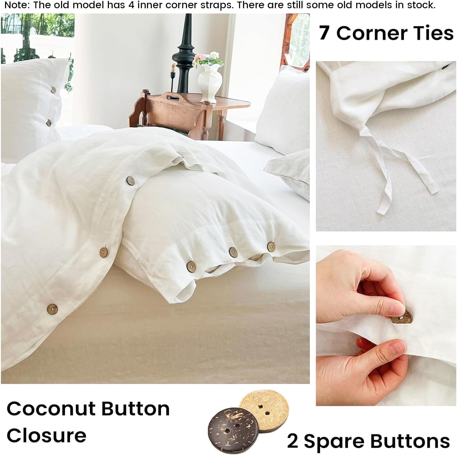 Simple&Opulence 100% Linen Duvet Cover Set 3pcs with Coconut Button Closure Natural French Washed Flax Solid Color Soft Breathable Farmhouse Bedding - White, California King