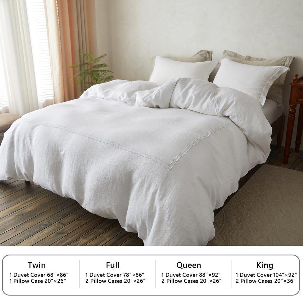 Simple&Opulence 100% Washed Linen Duvet Cover Set 88'x92' - 3 Pieces Soft Farmhouse Comforter Cover Set Double Embroidered with Button Closure - 1 Duvet Cover and 2 Pillowshams (White, Queen)