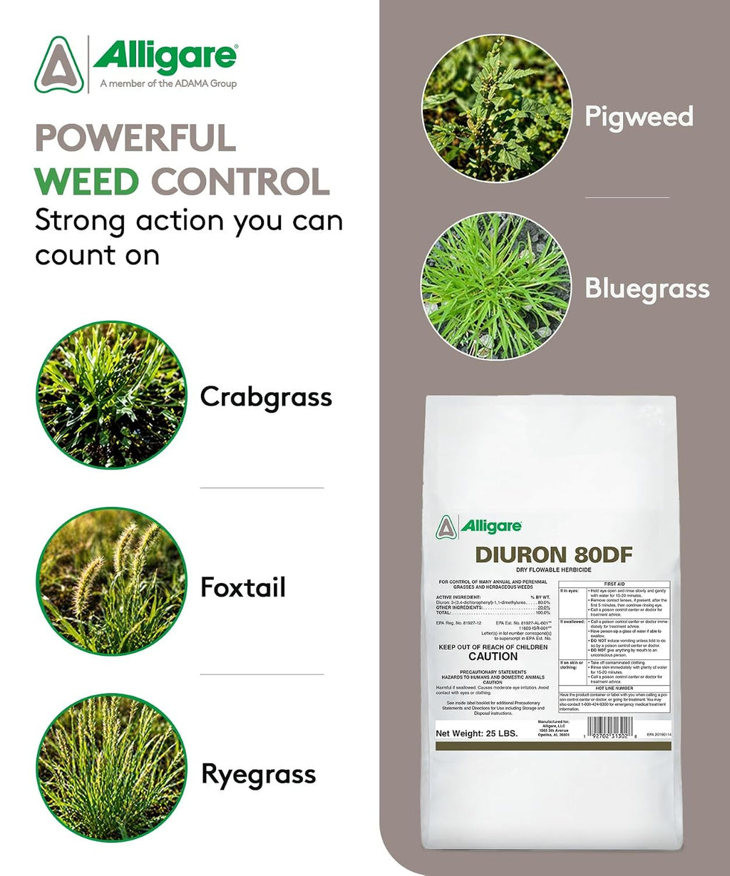 Alligare Diuron 80 DF Herbicide - Pre and Post Emergent Weed Killer for Industrial & Non-Crop Areas - Controls Crabgrass, Ryegrass & Broadleaf Weeds - Dry Granules for Ground Application - 25 lb