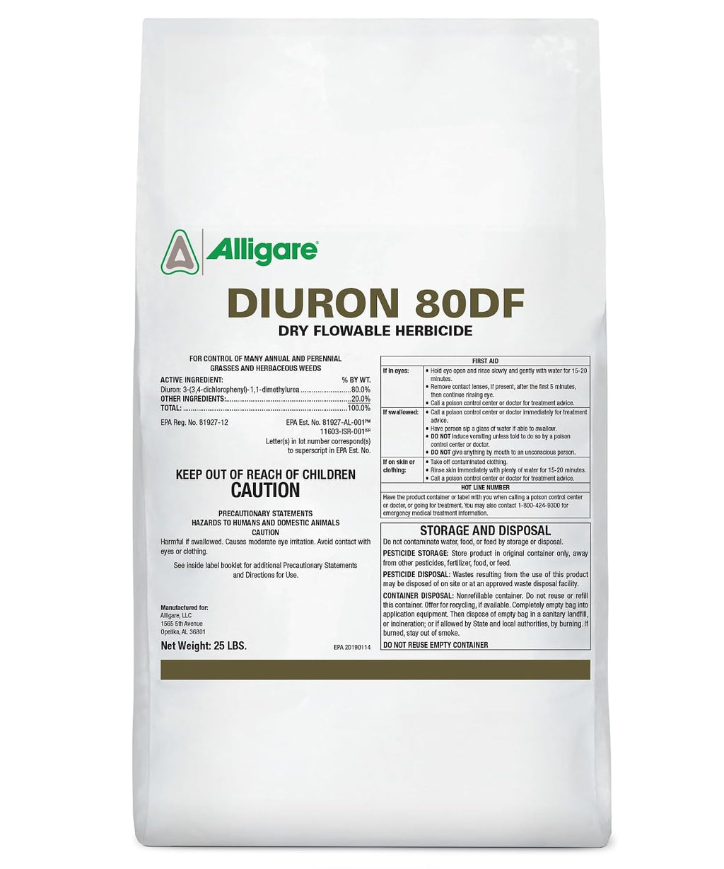 Alligare Diuron 80 DF Herbicide - Pre and Post Emergent Weed Killer for Industrial & Non-Crop Areas - Controls Crabgrass, Ryegrass & Broadleaf Weeds - Dry Granules for Ground Application - 25 lb