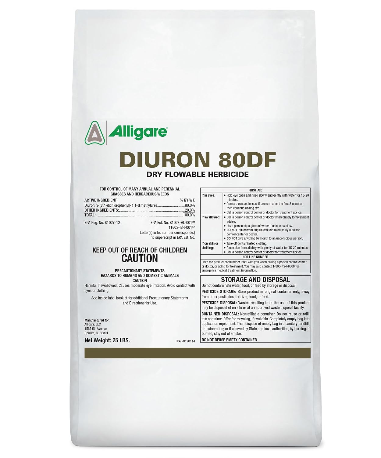 Alligare Diuron 80 DF Herbicide - Pre and Post Emergent Weed Killer for Industrial & Non-Crop Areas - Controls Crabgrass, Ryegrass & Broadleaf Weeds - Dry Granules for Ground Application - 25 lb