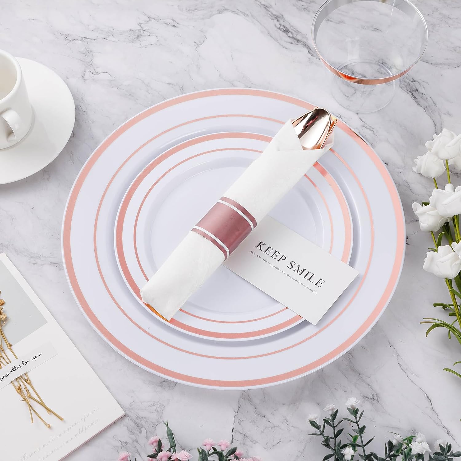 BESTVIP 700PCS Rose Gold Plastic Dinnerware Set, Disposable Party Plates for 100 Guests, Include: 200 Plastic Plates, 100 Pre Rolled Napkins with Rose Gold Silverware, 100 Cups for Christmas