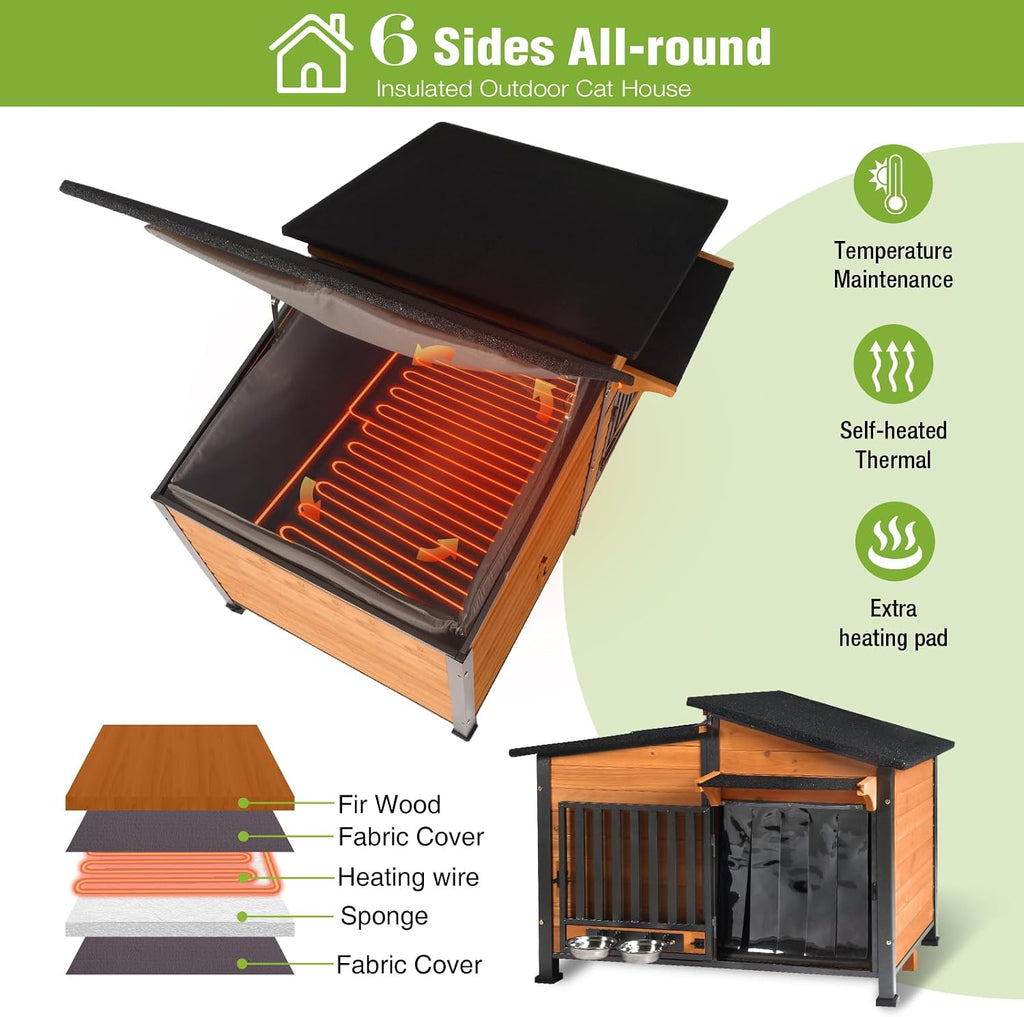 GUTINNEEN Large Heated Dog House Outdoor with Safe Heater and Thermal Liner, Insulated Dog Kennel Indoor Weatherproof Dog Shelter with Rotatable Spill-Proof Bowl for Large Dog Breeds