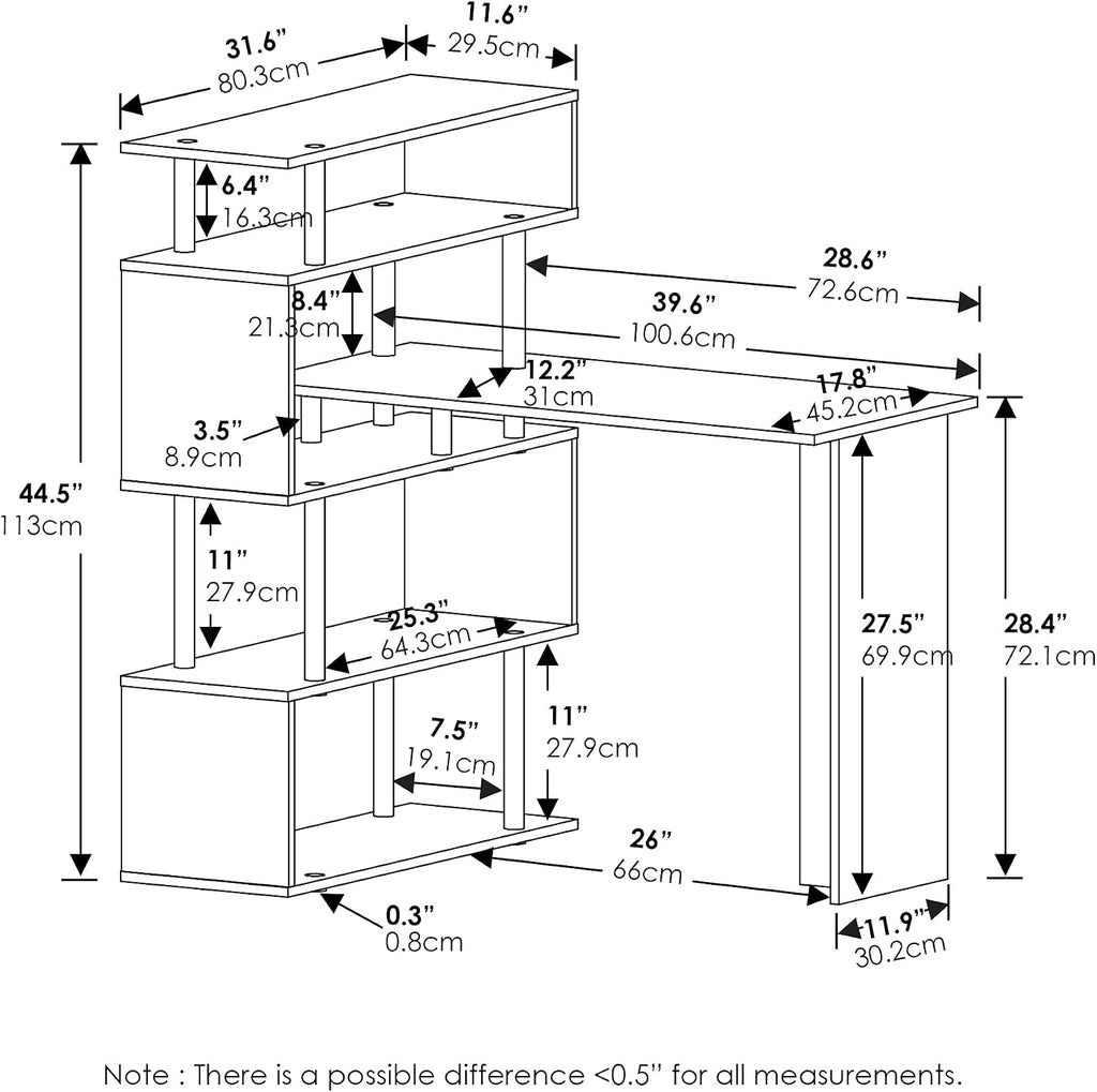 Furinno Classic Desk, 40' Wide L-Shape Gaming Desk, Computer Desk, Writing Desk with 5-Tier S-Shaped Side Shelves for Home Office, Study Room, Dorm, Bedroom, Americano