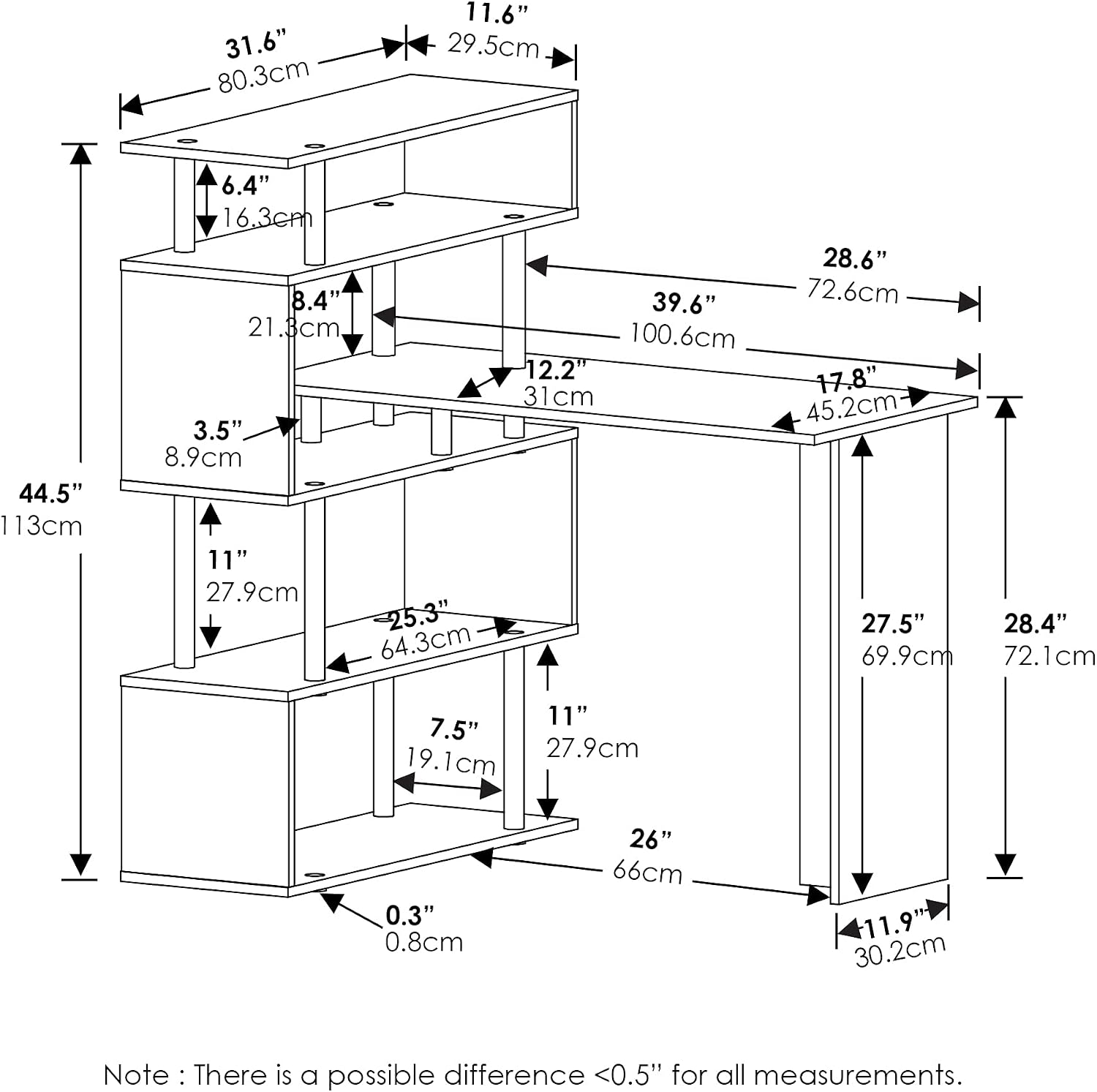 Furinno Classic Desk, 40' Wide L-Shape Gaming Desk, Computer Desk, Writing Desk with 5-Tier S-Shaped Side Shelves for Home Office, Study Room, Dorm, Bedroom, Americano