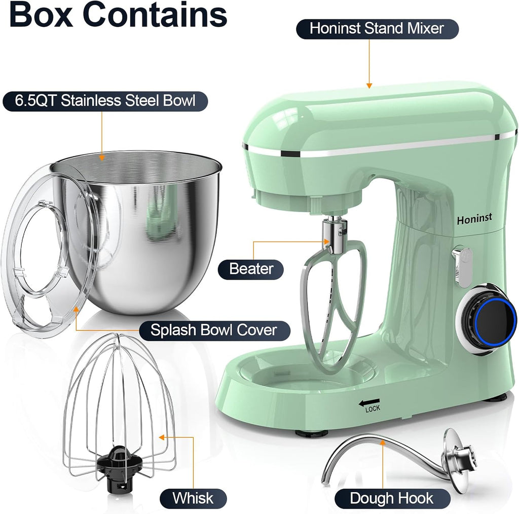 Honinst Stand Mixer, 6.5QT 10-Speed Tilt-Head Electric Stand Mixer, 3-In-1 Kitchen Mixer with Bowl, Dough Hook, Whisk and Beater, Food Mixer for Baking, Cake and Most Home Cooks, Light Green