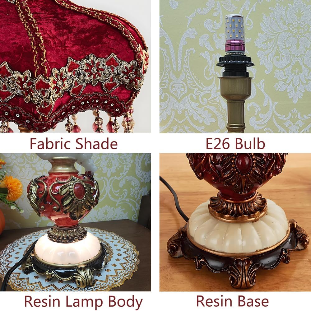 Red Victorian Table Lamp Embroidery Fabric Shade European Style Bedside Lamp W/Beaded Fringe Lace Elegant Princess Desk Lamp Vintage Antique Night Light for Bedroom Living Room Farmhouse