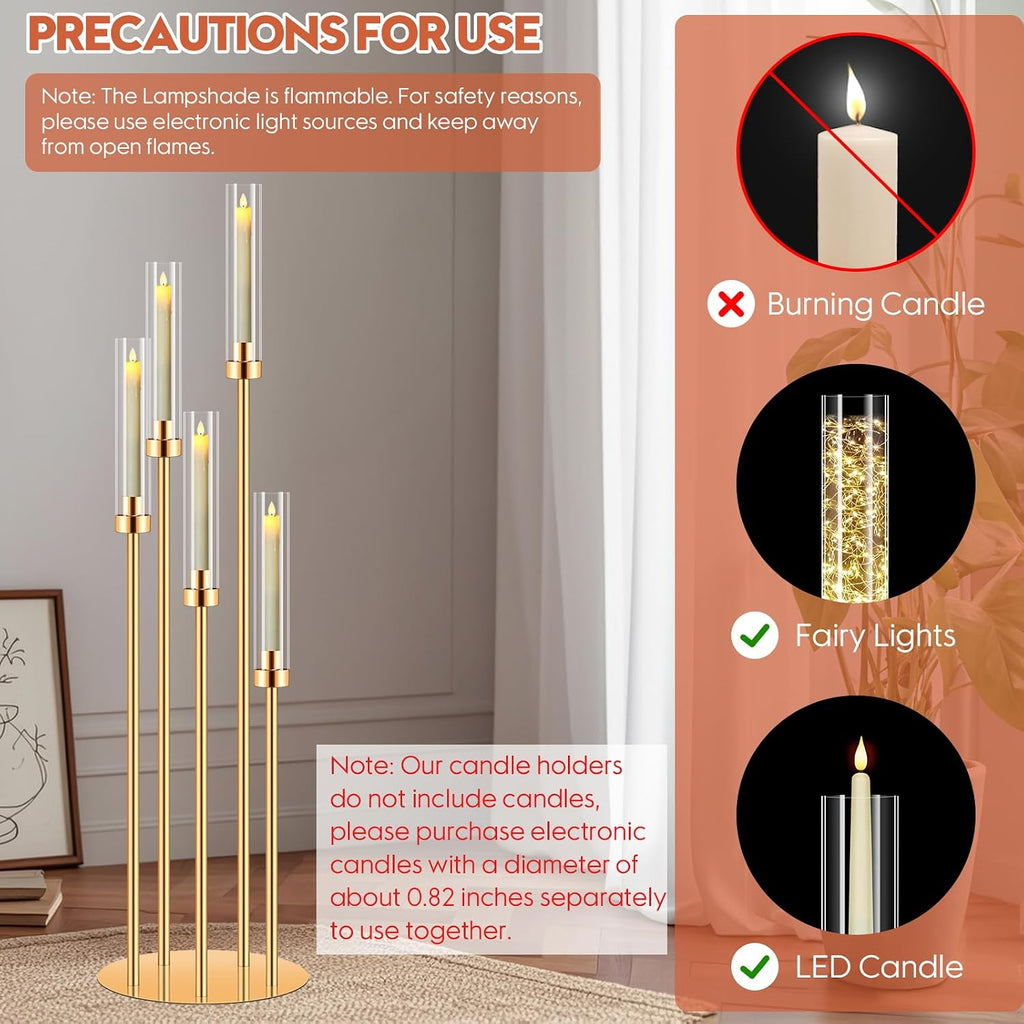 6 Set 5 Arm Gold Candle Holder, Mjkeomo 41.3'' Tall Candelabra Centerpieces for Tables Gold Candlesticks Holder for Housewarming Gift Fireplace Dinner Halloween Christmas Decor Fit 0.82'' LED Candle