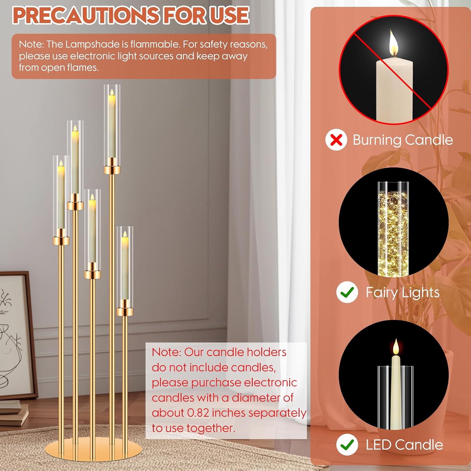6 Set 5 Arm Gold Candle Holder, Mjkeomo 41.3'' Tall Candelabra Centerpieces for Tables Gold Candlesticks Holder for Housewarming Gift Fireplace Dinner Halloween Christmas Decor Fit 0.82'' LED Candle