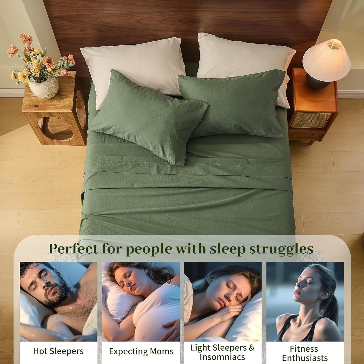 MEISHANG 100% French Pure Linen Sheets King Size - Bed Sheets 4 Piece Sets, Soft Durable Flax Linen, Anti-Tear Breathable Oeko-Tex Certified with 16' Deep Pocket (Forest Green)