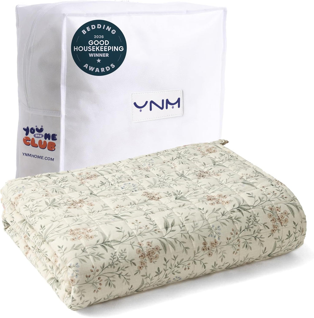 YnM King Size Linen Weighted Blanket for Adults (88x104 Inches, 40 Pounds, Botanical), Exclusive Smallest Compartments, Heavy Bed Blanket for Two Persons of 240~390lbs on Queen or King Bed