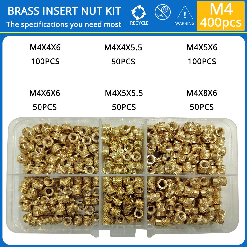 1set Threaded Inserts M2 M2.5 M3 M4 M5 M6 Heat Set Insert Nut Brass Hot Melt Knurled Double Twill Embedment Copper Nut Assortment Kit(M2-M4 1030pcs)