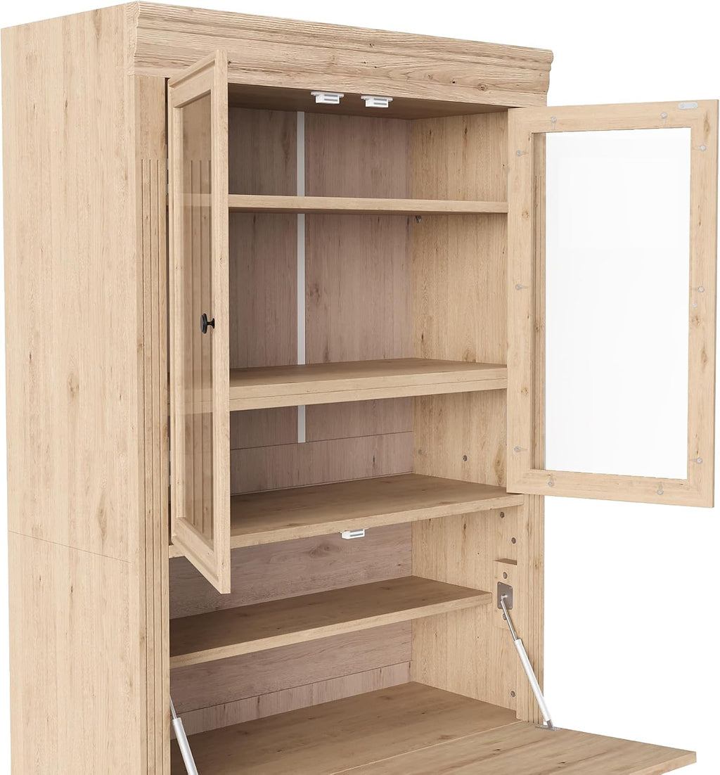 78 inch Tall Kitchen Pantry Cabinet with 3 Drawers and Adjustable Shelves, Wood Storage Cabinet with Drop-Down Surface and Glass Doors for Dining Room and Living Room (Natural//3)