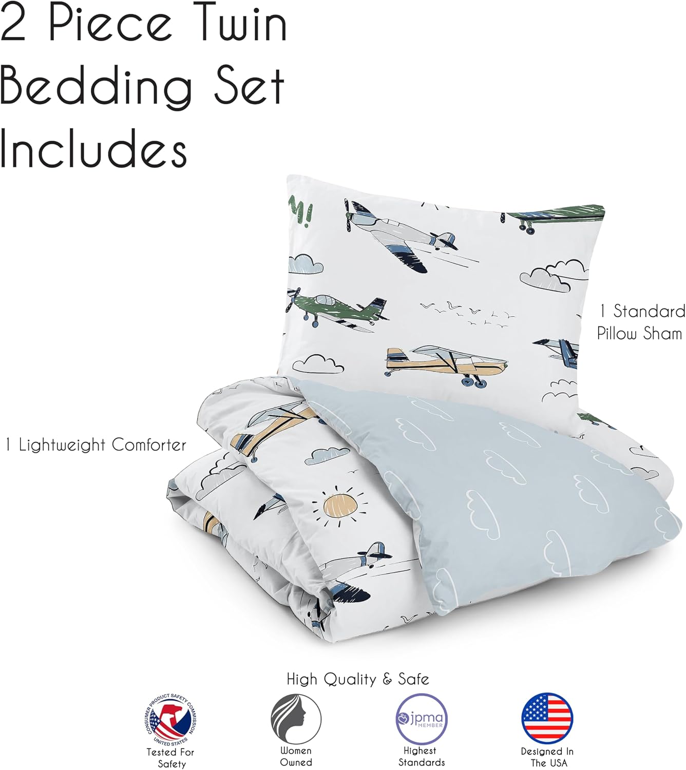 Sweet Jojo Designs 2-Piece Twin Comforter Set (Green Vintage Airplane) for Boys, Children, Kids Bedding, Bed in a Bag incl. Blanket & Pillow Sham (Airplanes, Transportation, Clouds, Sun, Sky, Blue)