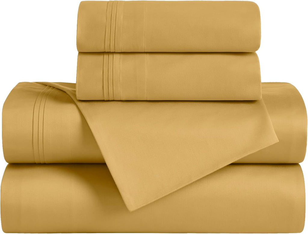 Superior Egyptian Cotton 4 Piece Sheet Set, 650 Thread Count, Eco-Friendly, Sustainable Sheets, Ultra-Soft Basics, Solid, Deep Pocket Fitted Sheet, Flat Sheet, Pillowcases, Full, Gold
