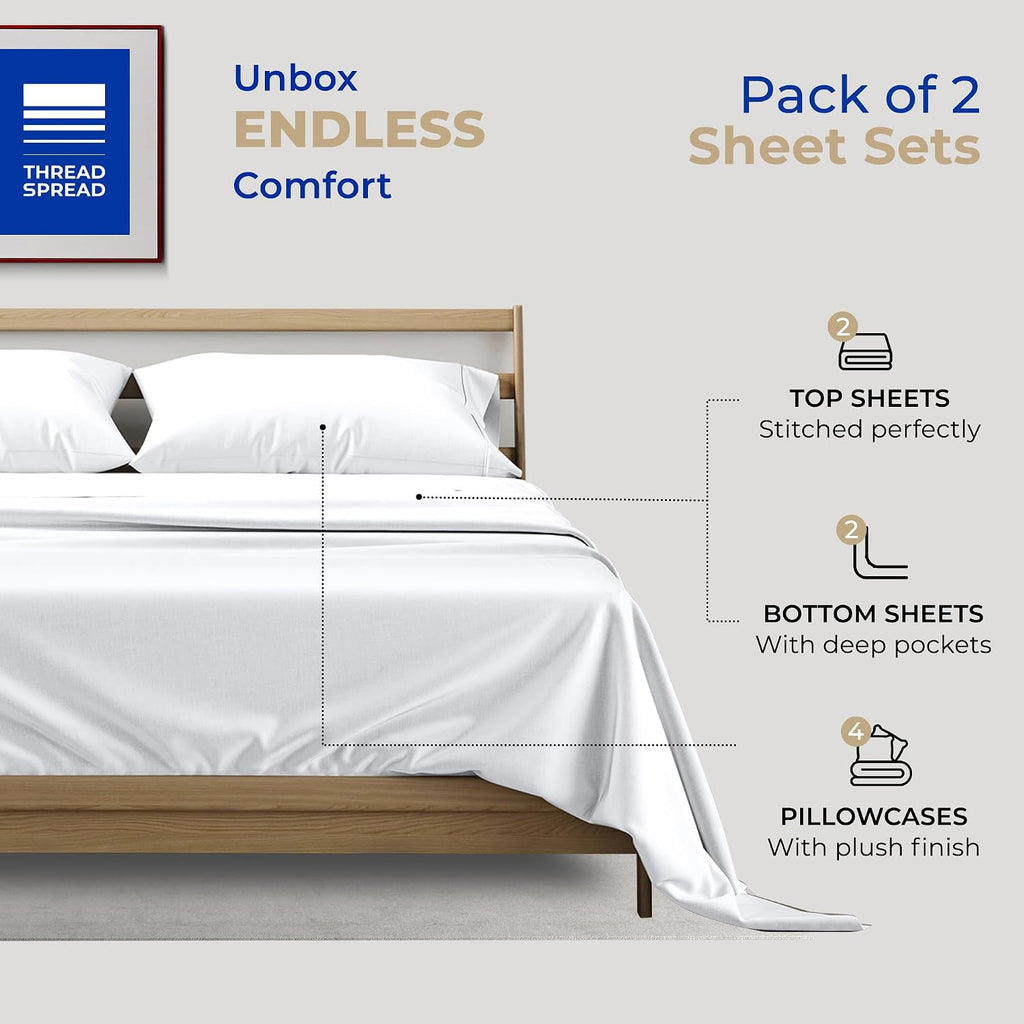 THREAD SPREAD 2 Pack King Size Sheets Set - 400 Series Glee Collection 100% Cotton Sateen - Extra Soft, Breathable, Hotel Cooling Sheets, 2 Sets of King Size Deep Pocket Bed Sheets (White)