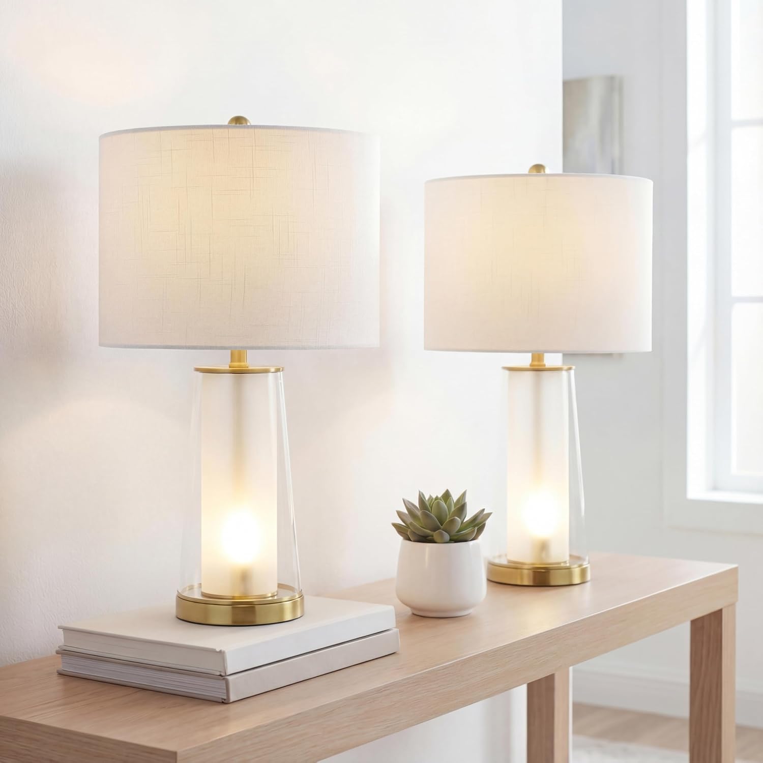 JONATHAN Y 26' Clear/Brass Gold Nightlight Table Lamp Set of 2 for Bedroom, Modern Glass Desk Lamps with White Fabric Shade, Farmhouse Living Room Decor, LED Bulbs Included JYL1137A-SET2
