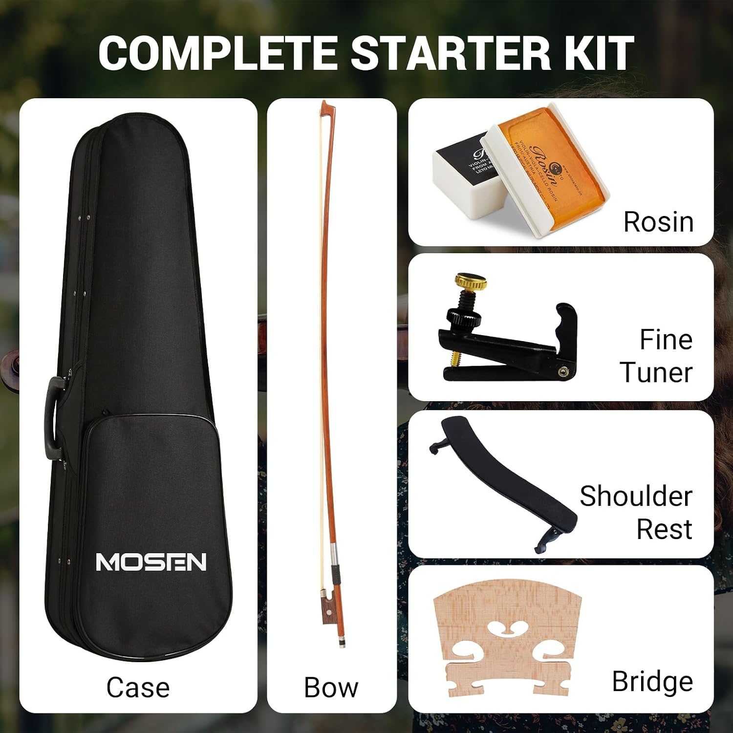 MOSEN 4/4 Full Size Solid Wood Violin, Violin Set for Beginners with Violin Case