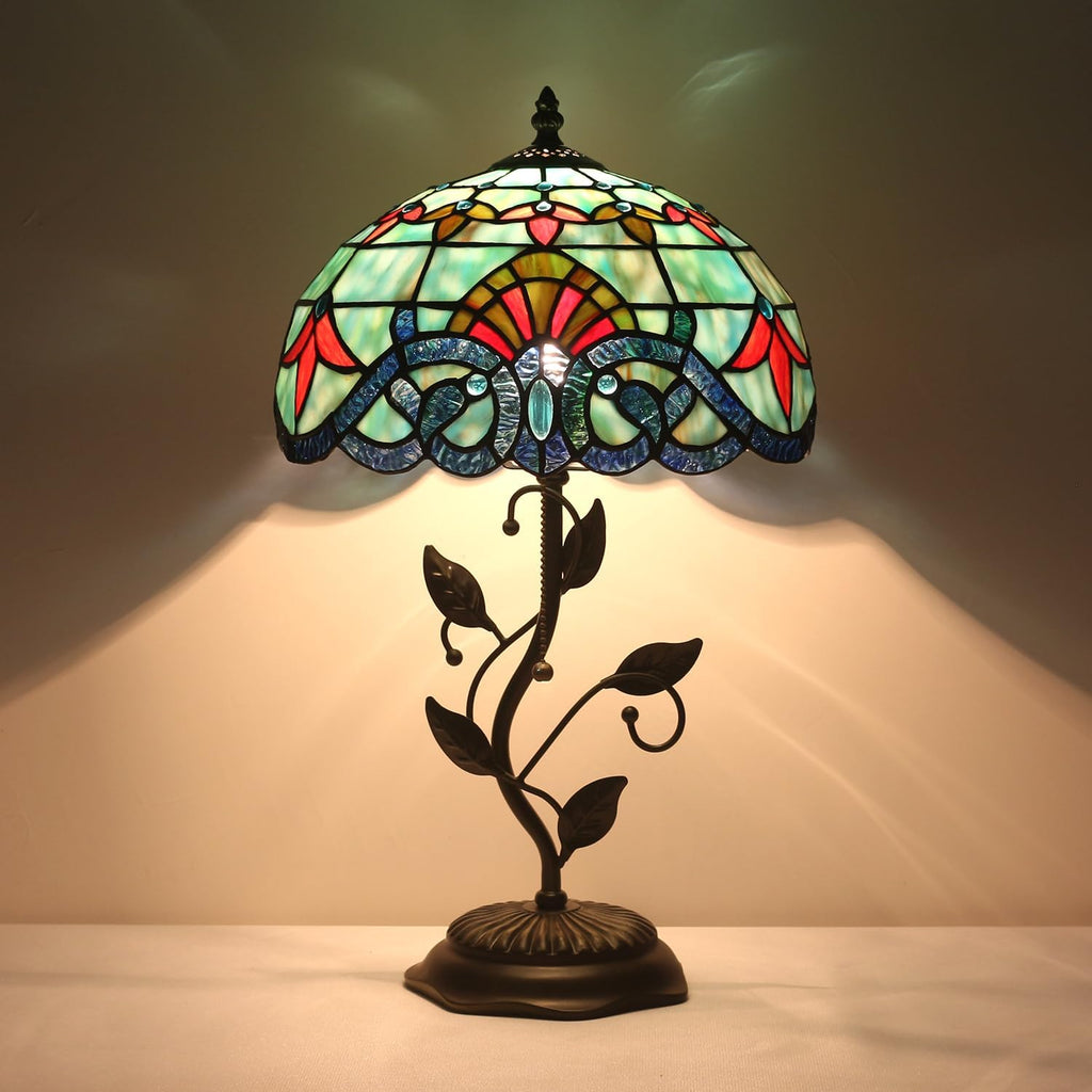 Tiffany Table Lamp, Stained Glass Baroque Style, Metal Leaf Base Decor Lamp, 12x12x19 Inch for Bedroom, Living Room, Home, Office