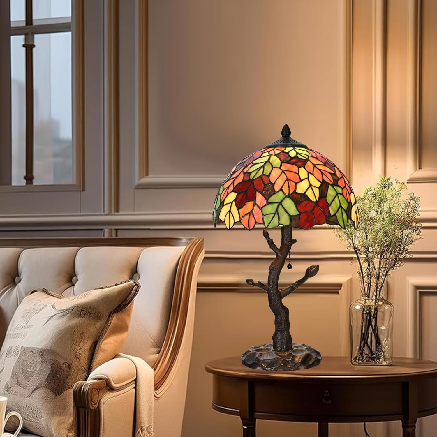 TL0021 Maple Leaves Tiffany Table Lamp Stained Glass Shade Reading Desk Light 12 X 20 Inches for Bedroom Living Room, Handcrafted Art Deco for Home Office, LED Bulb Included (Maple Leaves)