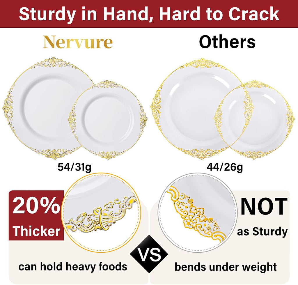 Nervure 700PCS Gold Plastic Plates - Gold Plastic Dinnerware Sets for 100 Guests - 200 Disposable Plates, 300 Silverware, 100 Cups, 100 Napkins for Wedding & Party & Graduation