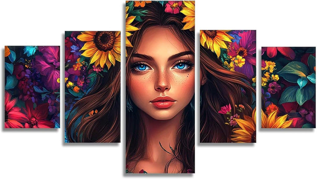 Sunflower Diamond Art 5 Piece Diamond Painting Woman 5D DIY Full Round Drill Dimond Art Paintings Rhinestones Crafts for Adults Gem Painting for Home Decor Large Artwork for Wall 36 x 70 Inch,Model141
