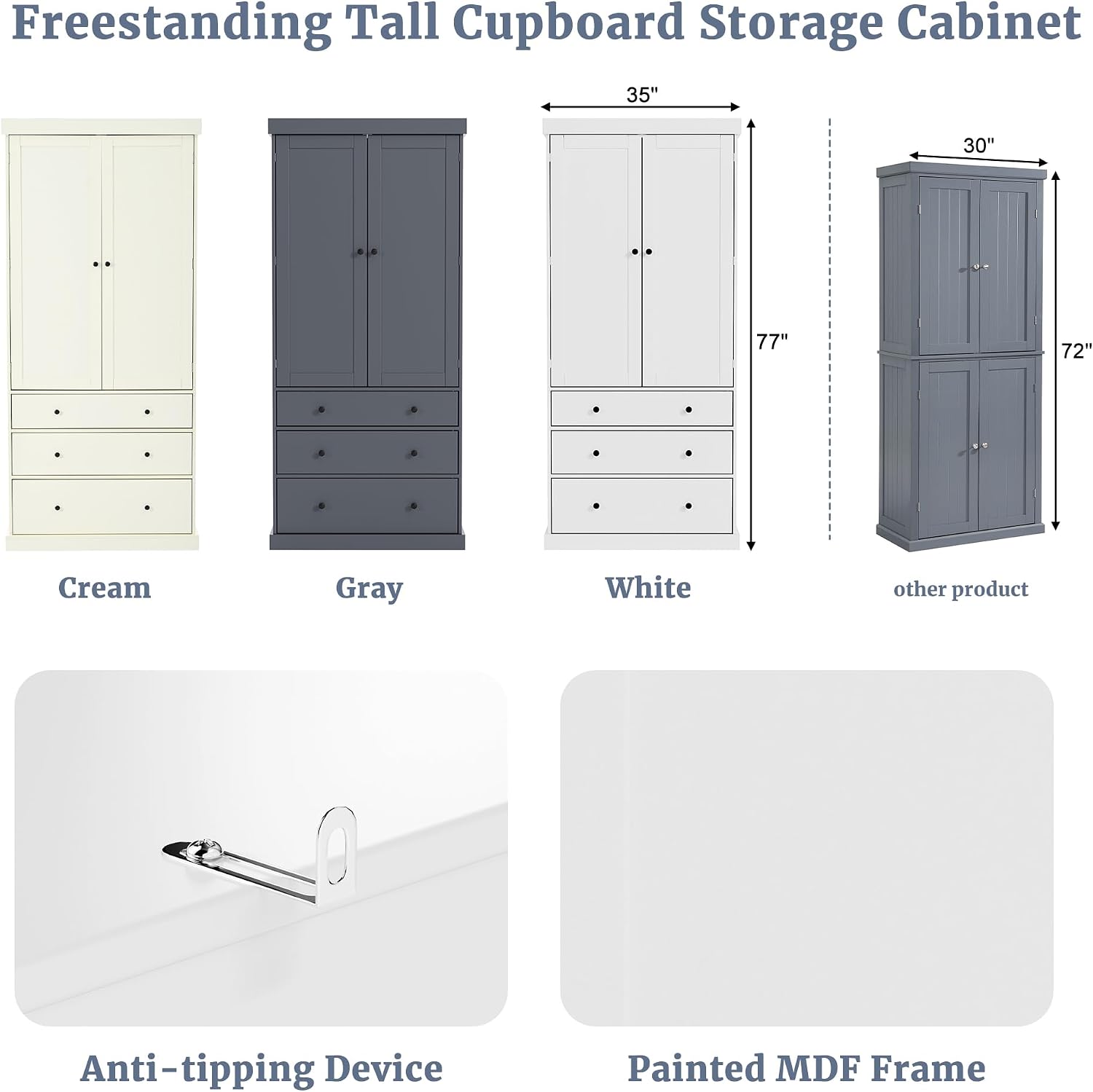 77inch Farmhouse Kitchen Pantry, Wood Storage Cabinet with 3 Adjustable Shelves, Freestanding Tall Cupboard Storage Cabinet with 8 Door Shelves and 3 Drawers for Kitchen, Dining Room (White-1)