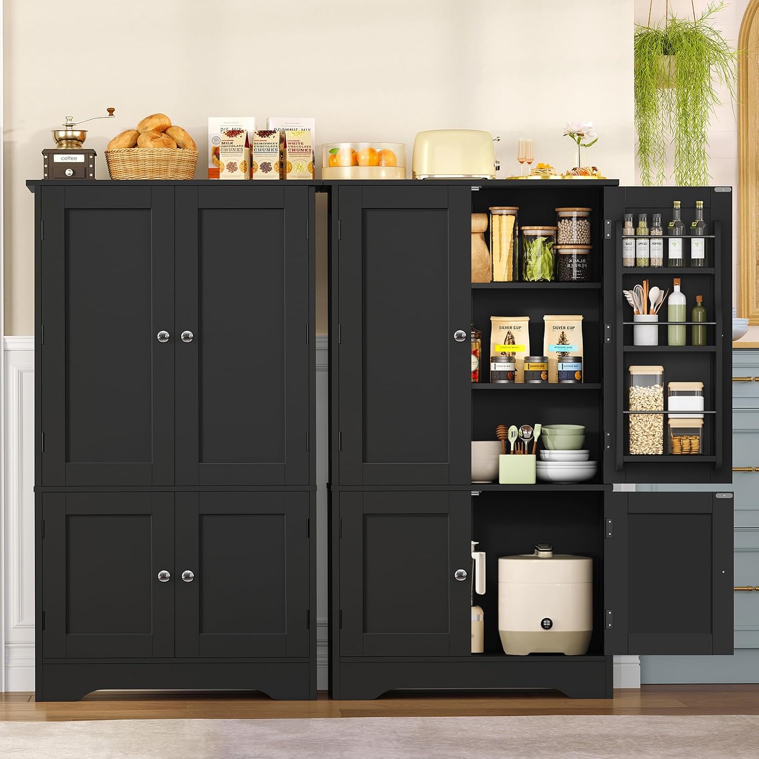 TEENFON Storage Cabinet with 4 Doors, Kitchen Cabinet with 6 Door Shelves, Kitchen Pantry for Living Room, Dining Room, Bathroom, Black