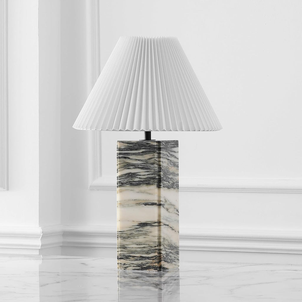 SAFAVIEH Couture Lighting Collection Mackenzie Cream/White Marble Square 25-inch Table Lamp for Bedroom Living Room Home Office Desk Nightstand (LED Bulb Included)